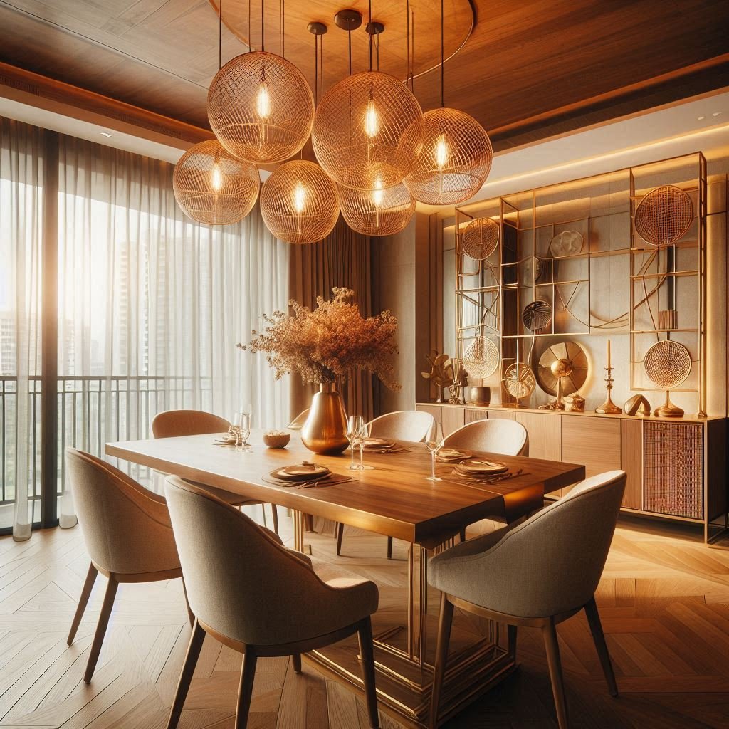 Dining room with a gold pendant light, wood table, and warm ambient lighting.. Image